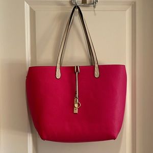 Hot Pink/Beige Reversible Pebbled Tote Bag